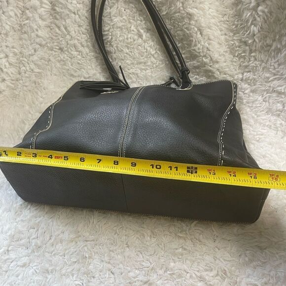 Franklin Covey Black Genuine Leather beige stitch shoulder bag tassel accent - Picture 9 of 13